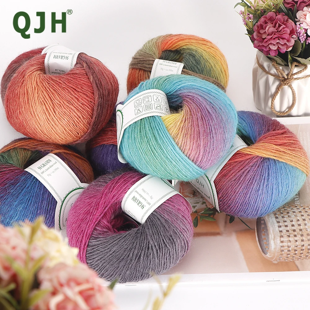 QJH 레인보우 소프트 원사 100% 울 그라데이션 멀티 컬러 원사, 크로셰 니트, 총 길이 50g/1.76oz x3 (180m ...