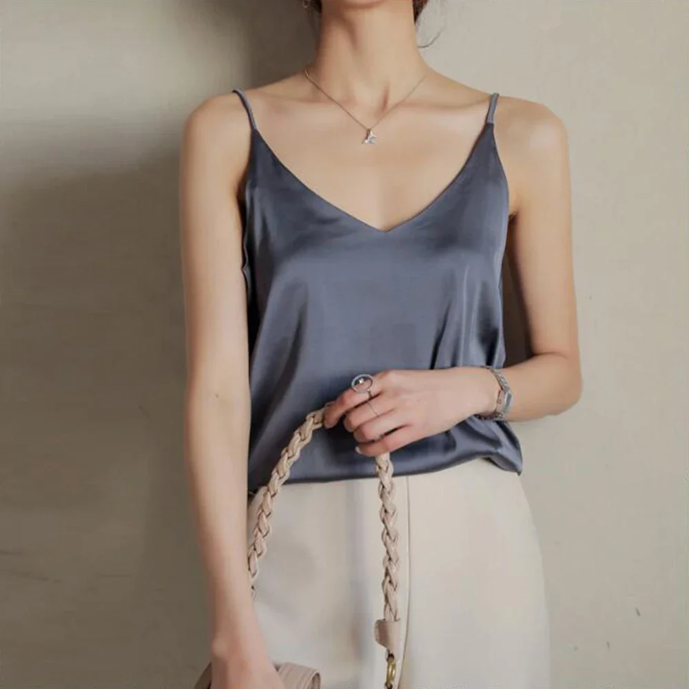 

Silk Bottoming Camisole Tops Versatile Solid Loose Sling Camis Female Tank Top Summer Loose Design Crop Top Women Blusas