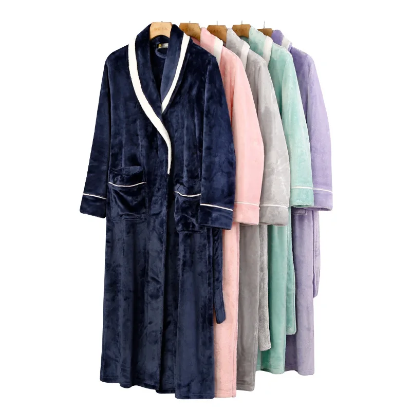 Autumn and Winter Bathrobe Sashes V-Neck Robe Flannel Pajamas Keep Warm Robes At Home Long Sleeve Fashion Nightgown