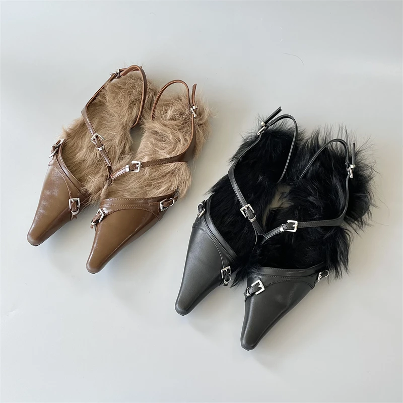 

Trendy Wool Mules with Irregular Insoles Pointed Toe Sheepskin Buckle Sandals
