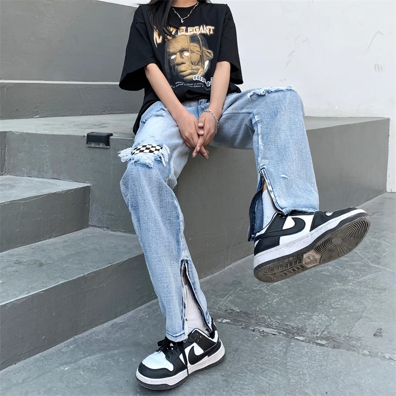 Fashion Streetwear Plaid Ripped Jeans Women Men Korean New High Waist Staight Zipper Denim Pants Mujer S-3XL