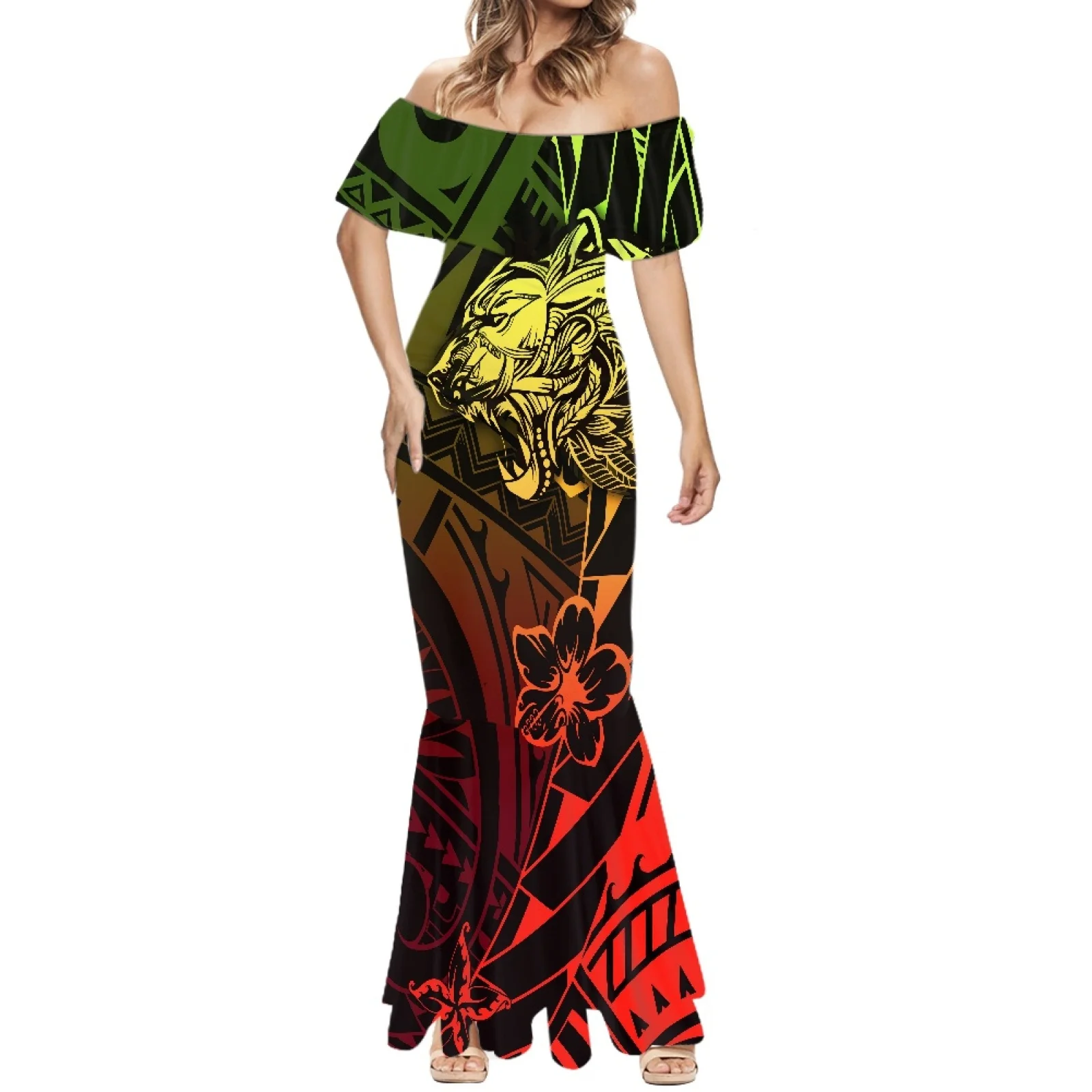 

Polynesian Tribal Pohnpei Totem Tattoo Prints Women Summer Elegant Vintage Off Shoulder Long Dress Birthday Party All-match 7XL