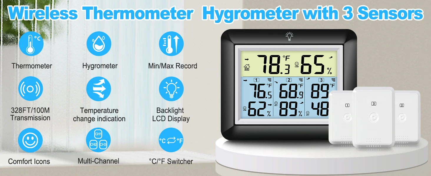 Wireless Indoor/Outdoor Thermometer Hygrometer Digital Temperature and Humidity