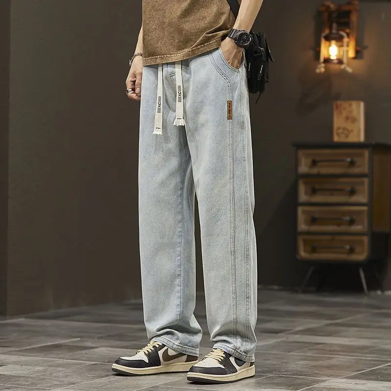 American Vintage Casual Loose Straight Jeans Men Solid Elastic Waist Patchwork Drawing Pockets Trendy Versatile Wide Leg Pants