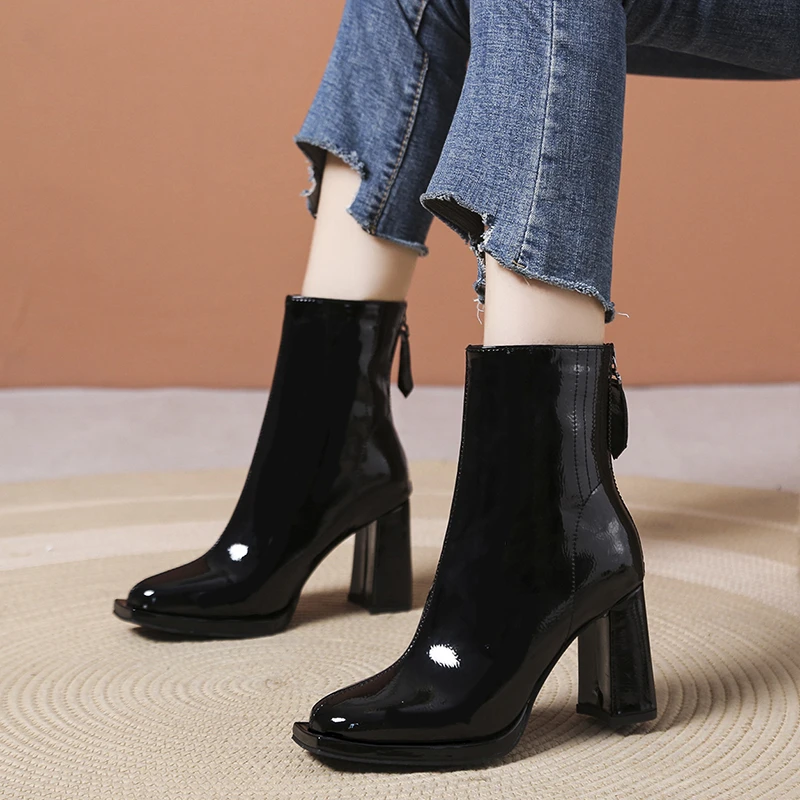 Botas cortas de tacón para mujer, botines de piel laca cabeza cuadrada, cremallera trasera, malla roja, moda, otoño e invierno, 2022| - AliExpress