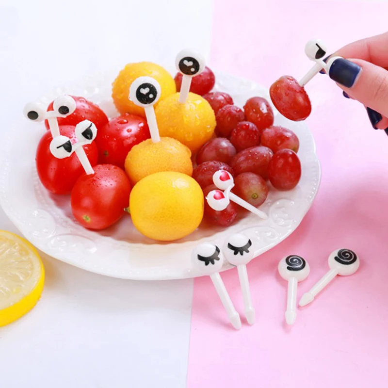 10pcs/pack Cute Eyes Fruit Fork Plastic Fruit Pick Kids Bento Lunch Snack Cake Dessert Food
