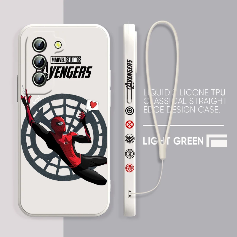

Marvel Mini Spider-Man For Samsung Galaxy S22 S21 S20 S10 S9 Ultra Plus Pro FE Liquid Left Rope Silicone Phone Case