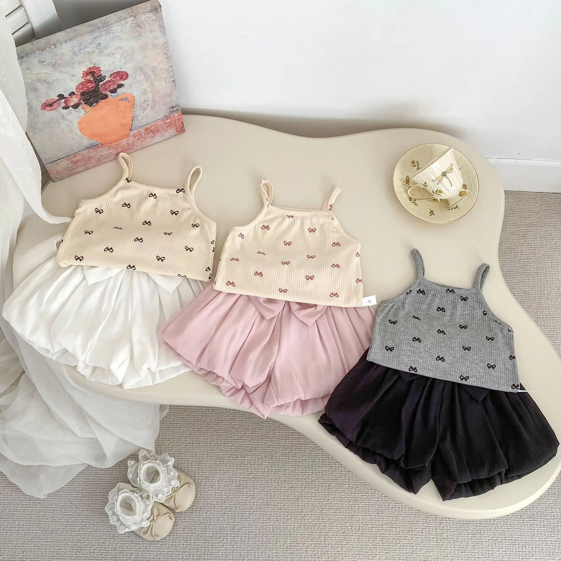Summer New Baby Girls Cute Sweet Bow Print Sling Vest Cotton Children Sleeveless T Shirts Girls Fashion Sling Kids Clothes