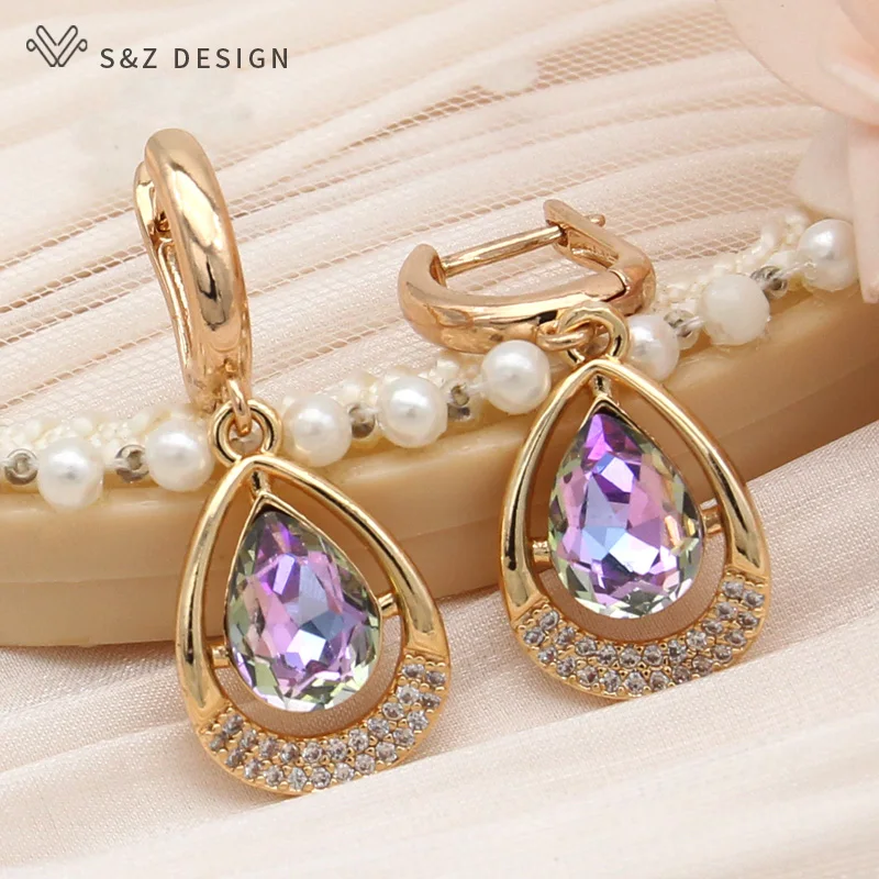 S&Z DESIGN New Fashion Water Drop Crystal Dangle Earrings For Women Elegant Jewelry Champagne Gold Color Cubic Zirconia Eardrop