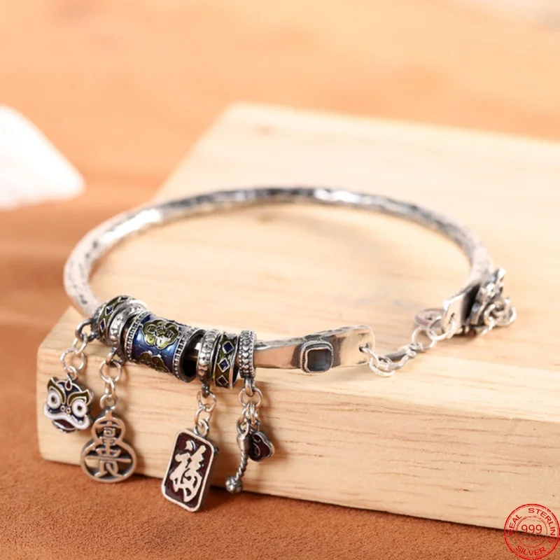 

S999 Sterling Silver Bracelet for Women New Fashion Knocking Surface Cloisonne Tassel Bangle Ethnic Style Jewelry Free Shipping