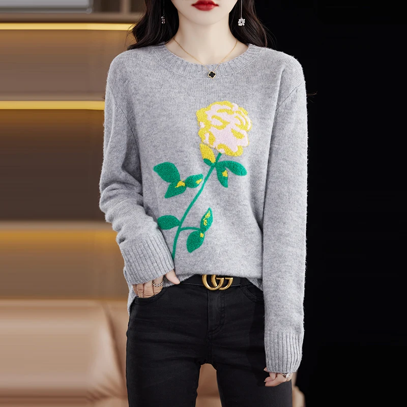

Winter Women Sweaters Fashion Embroidery Floral Pullover Female Jumper Long Sleeve O-Neck Clothing 100% Wool Knitted Tops Blouse
