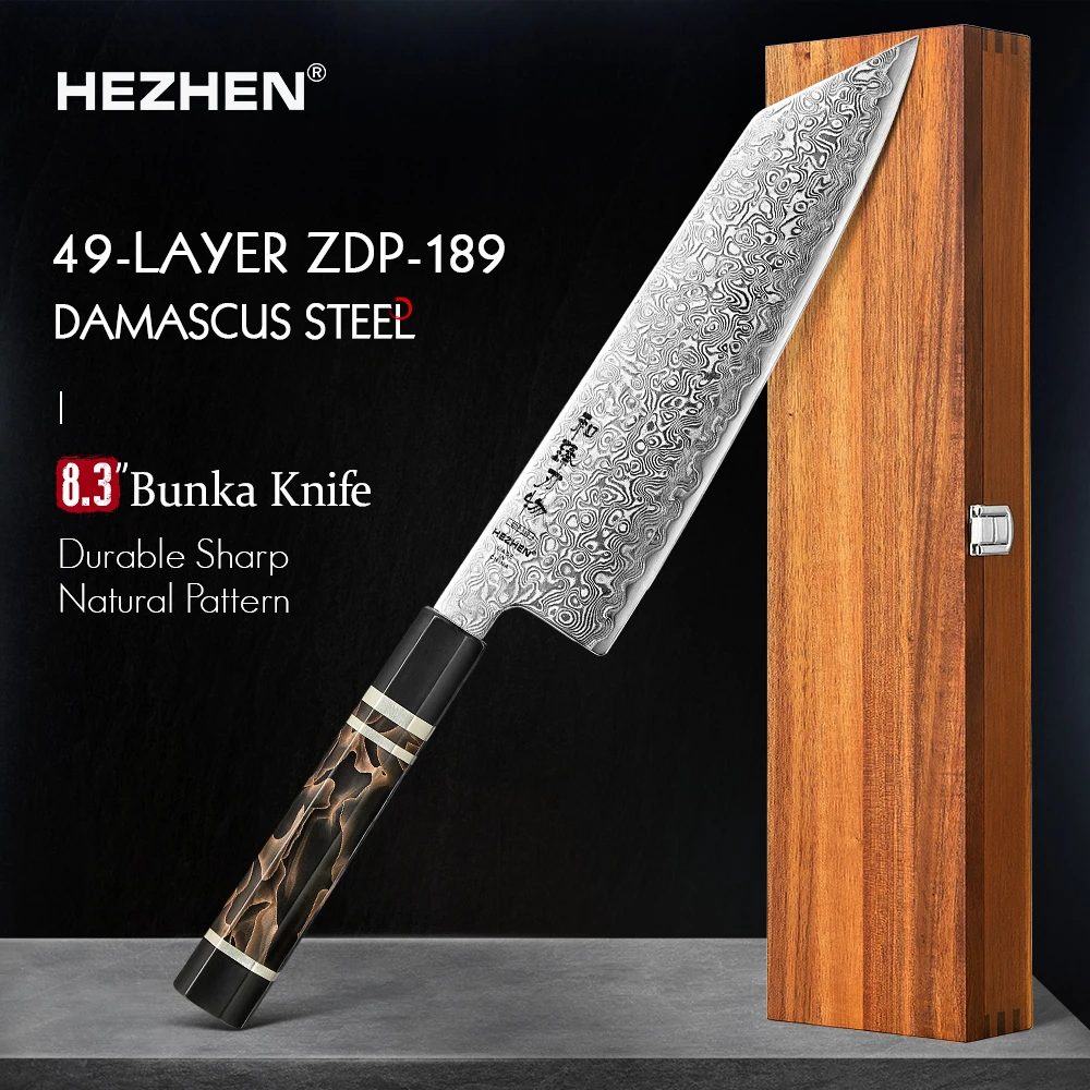 HEZHEN 8.3 นิ้ว Bunka มีด 49 ชั้น ZDP-189 เหล็กดามัสกัสผง Core เหล็กครัว Cook ไม้ของขวัญกล่อง kiritsuke มีด 1