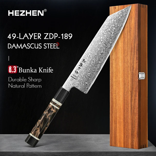HEZHEN 8.3 นิ้ว Bunka มีด 49 ชั้น ZDP-189 เหล็กดามัสกัสผง Core เหล็กครัว Cook ไม้ของขวัญกล่อง kiritsuke มีด 1