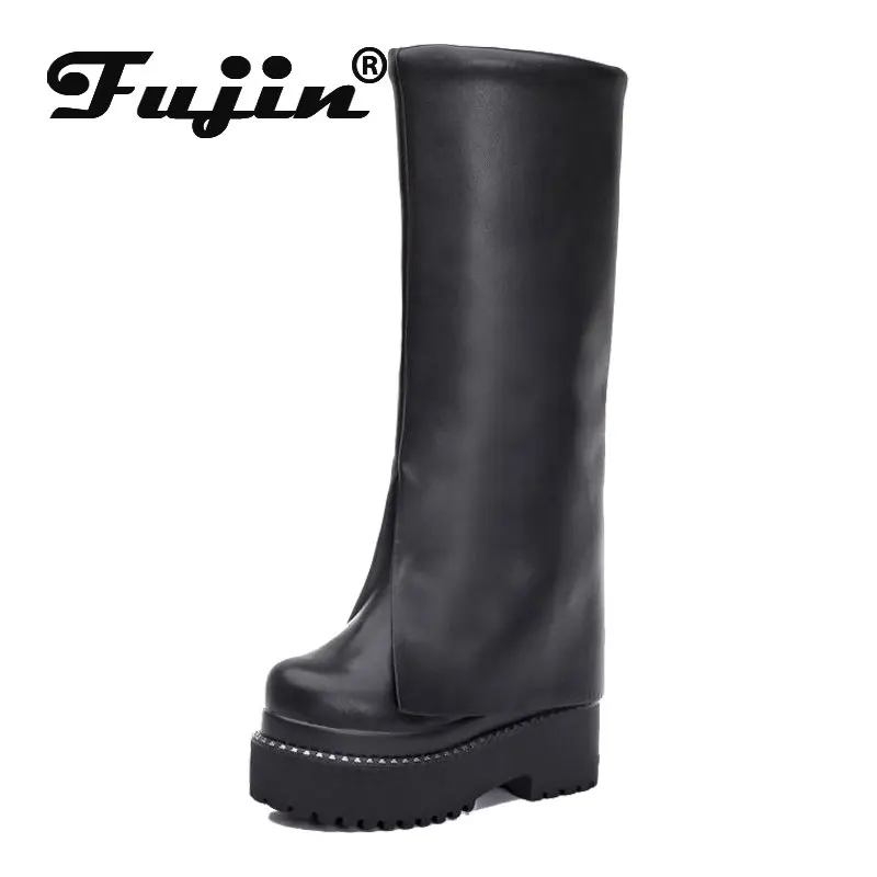 

Женские сапоги до колена на платформе Fujin, сапоги из натуральной кожи на танкетке 12,5 см, сезон весна-осень, модные зимние сапоги