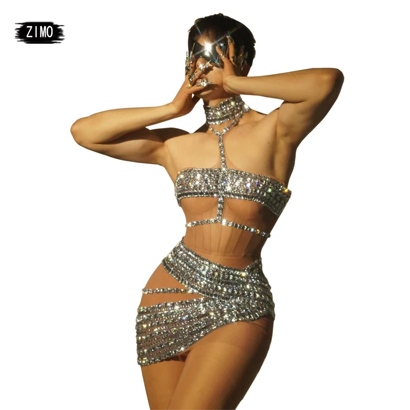 

2024 sparkle rhinestones dress women See through sexy mesh party nightclub birthday wedding pole dance stage drag queen costume