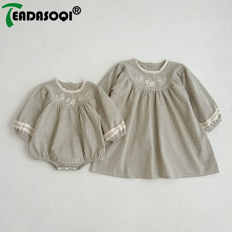 

Spring Autumn Sister Matching Infant Baby Girls Romper Dress With Embroidery Checkered Pattern Long Sleeves Toddler Clothing