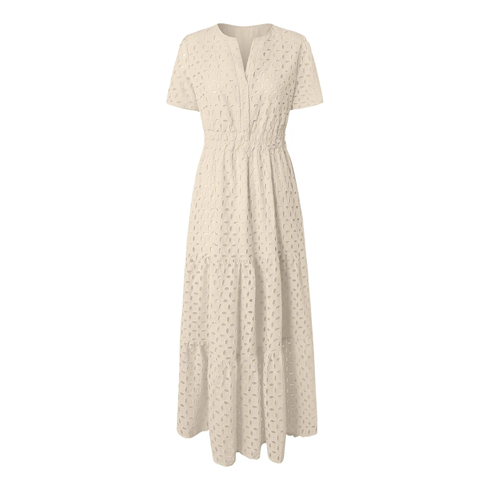 Cocktail Dresses For Women Short Sleeve High Waist Maxi Dress Sexy V Neck Hollow Long Dress Ruffle Hem A Line Dress With Pockets - 5