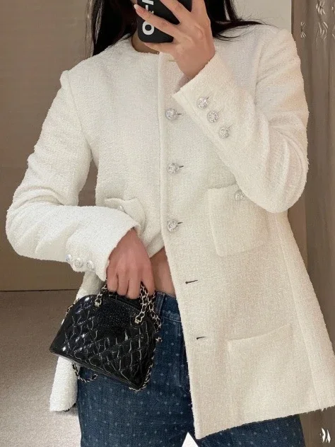 

Slik Lining Tweed Jackets Women Tops 2023 Spring Elegant White Weave Coat Female Abrigos Jaqueta Feminina Abrigos Para Mujer