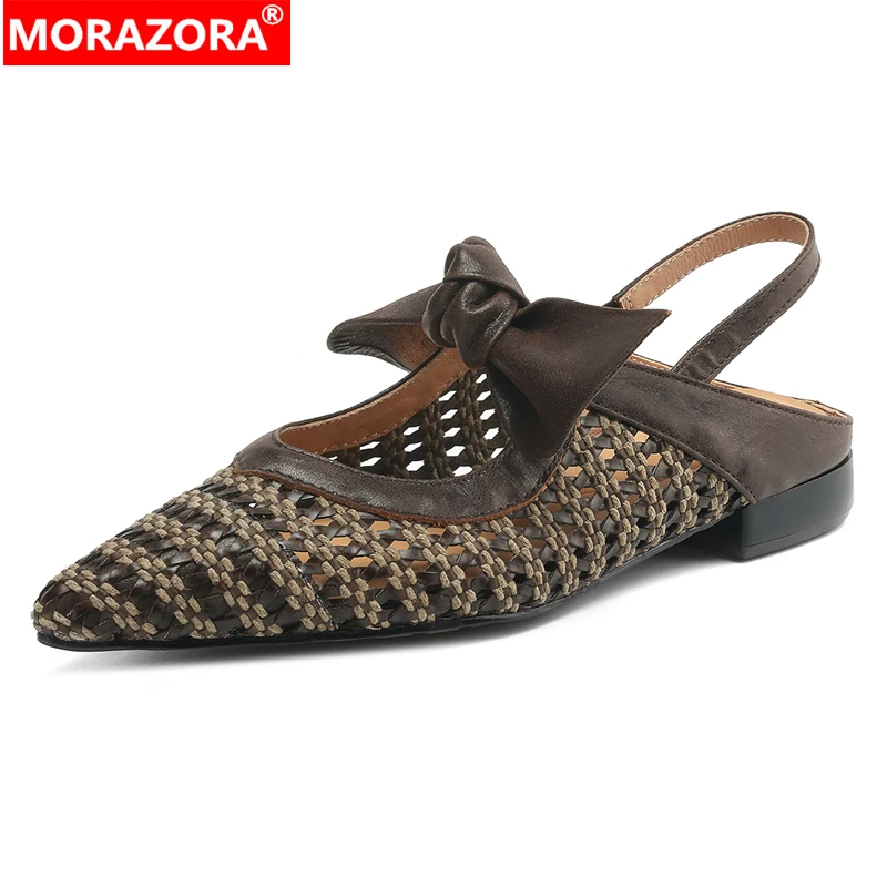 Women's Size 34-40 New Genuine Leather Sandals Slingbacks Bowtie Low Heels Weaving Pointed Toe Summer Shoes