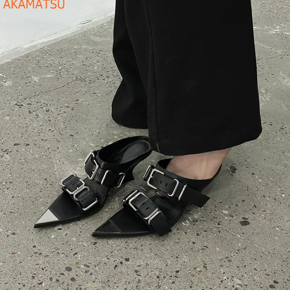 

Metal Pointed Toe Women Slippers Belt buckle Fashion Niche Design Wedge Sandals Pink Black Apricot Newest Slingback Women Shoes