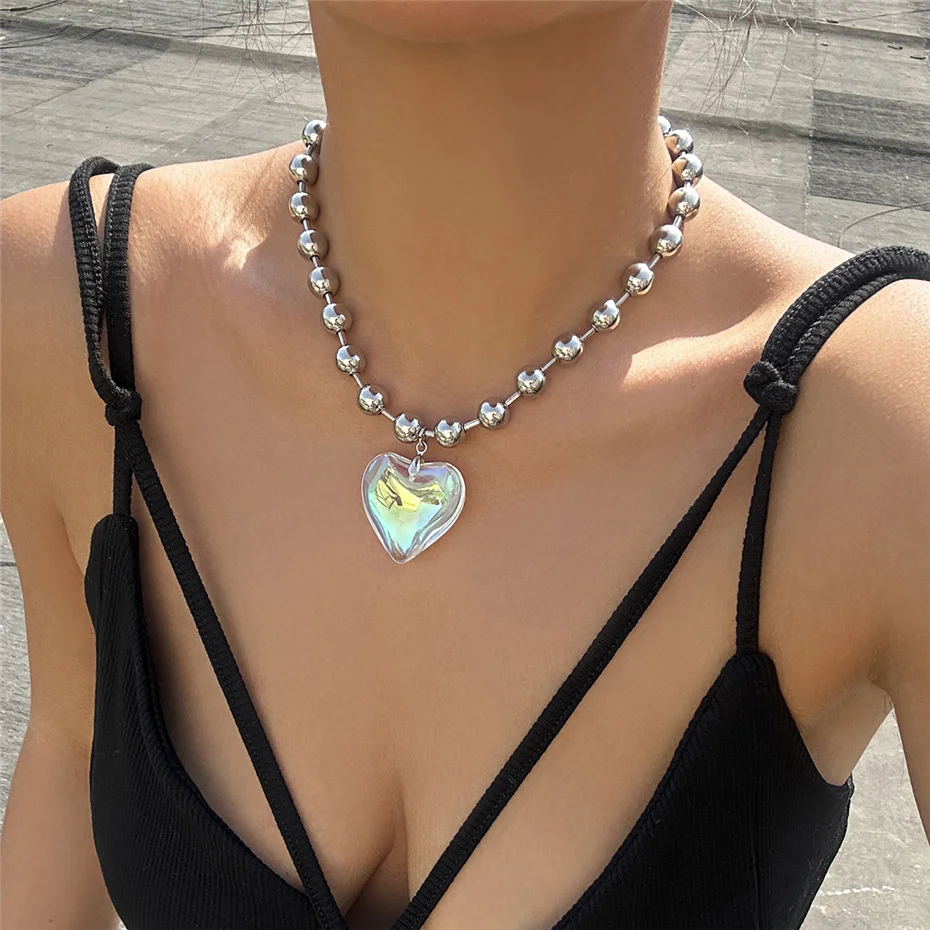 6 farben Hip Hop Bunte Liebe Herz Anhänger Halskette Frauen Punk Silber Farbe Perlen Kette Grunge Schmuck Zubehör Steampunk – Detail 12