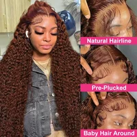 Perruque brésilienne Remy bouclée brun rougeâtre 13x4 HD Lace Front en cheveux humains, pré-épilée, 30 pouces, colorée, pour femmes 2