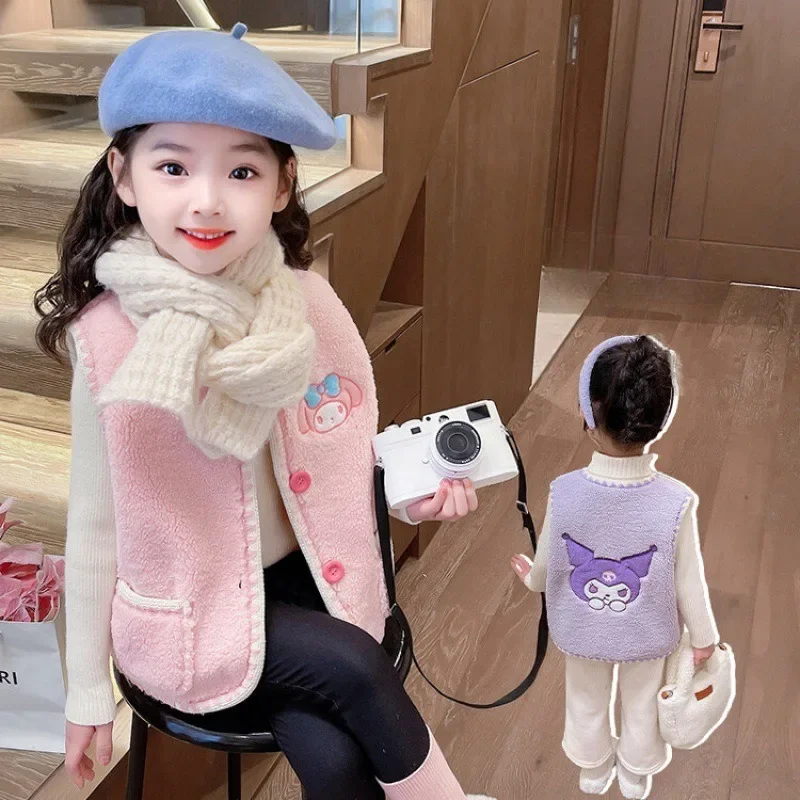 

Sanrio My Melody Kuromi Girl's Vest Cute Cartoon Sweet 3~8 Years Old Children's Berber Fleece Vest Jacket Autumn Winter New