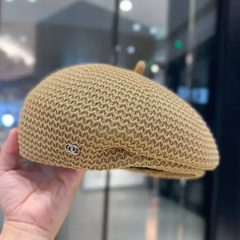 Women's Knit Beret Hat - Breathable Summer Straw Painter Style_voghion.com