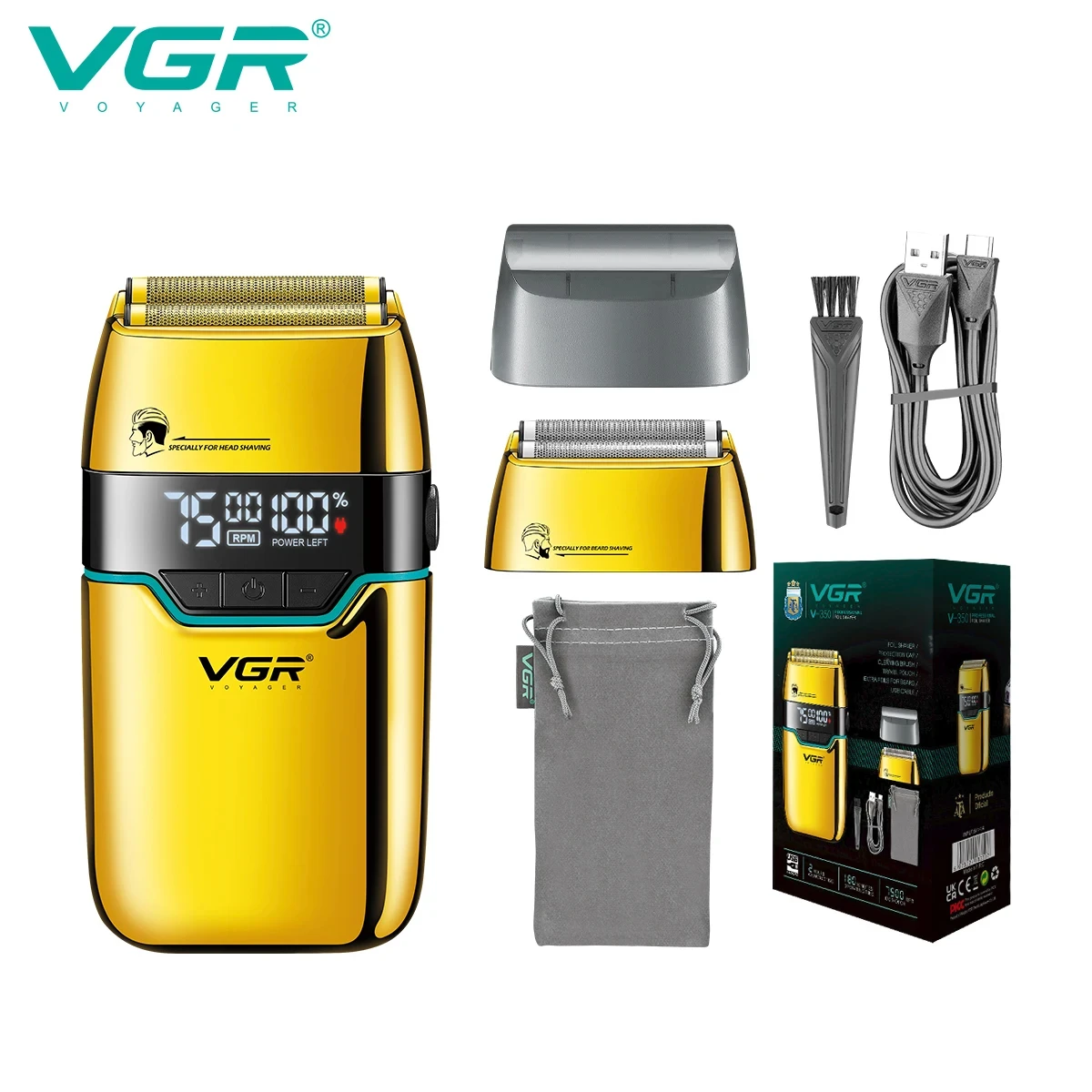 VGR V-350 고급 면도 세트 LED 지능형 디지털 디스플레이 남성용 면도기 금속 바디 날카로운 이중 날 헤드 헤어 트리밍