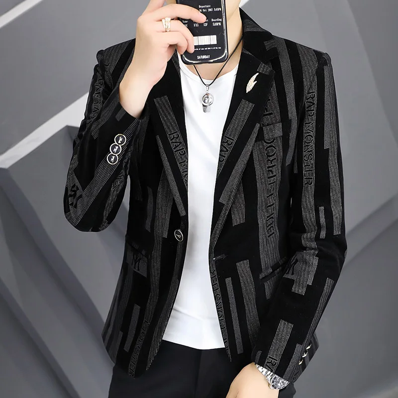 

Men Corduroy Blazer Slim Fit Autumn New Printed Single Breasted Suit Long Sleeve Coat Business Casual Suit Jacket Men Clothing