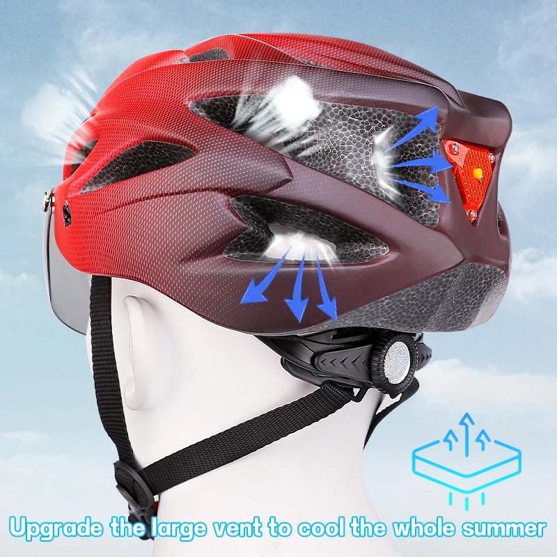 X-TIGER Fahrradhelm mit magnetischer Schutzbrille und LED-Rücklicht, ultraleichter Fahrradhelm für Erwachsene, MTB-Fahrradhelm, passend für 58–62 cm – Detail 17