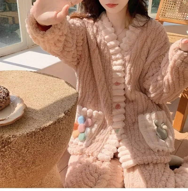 여성용 카와이 하이 퀄리티 소녀 봉제 만화 잠옷, 겨울 플란넬 잠옷, 두꺼운 패딩 나이트 로브, 홈웨어 세트, 신제품