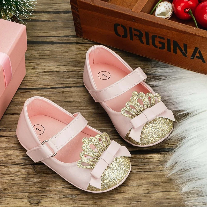 Baby Girl Princess Shoes Sweet Bow Sequin Crown Shallow Leather Shoes High Quality Soft Sole Non-Slip First Walkers Wedding Shoe