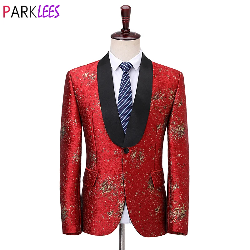 

Luxury Gold Bronzing Red Dress Blazers Men Shawl Collar One Button Mens Suits Jackets Wedding Groom Banquet Costume Homme 5XL