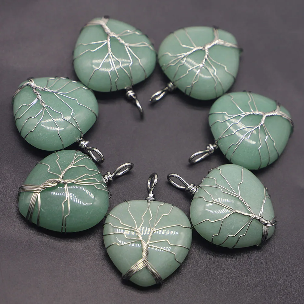 Natural Stone Green Dongling Love Pendant Women's Life Tree Hand Wrapped Silver Wire Necklace Jewelry Accessories Wholesale 5Pcs