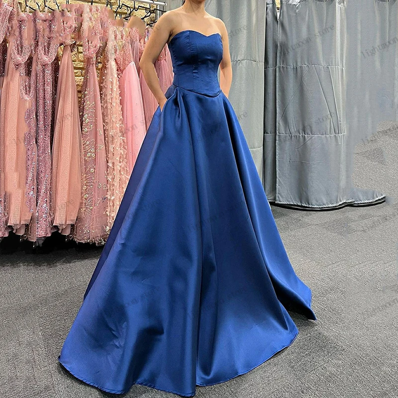 

Elegant Evening Dress A-Line Satin Ball Gowns Floor Length Prom Dress Strapless Sleeveless Backless Robes 2024 Vestidos De Gala