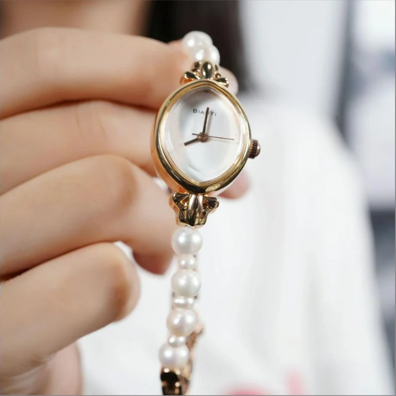 Women Quartz Watch Bracelet Bangle Rose Gold Golden White Pearl Bead Band Ladies Female New Beaded Wristwatch for Girls Dropship