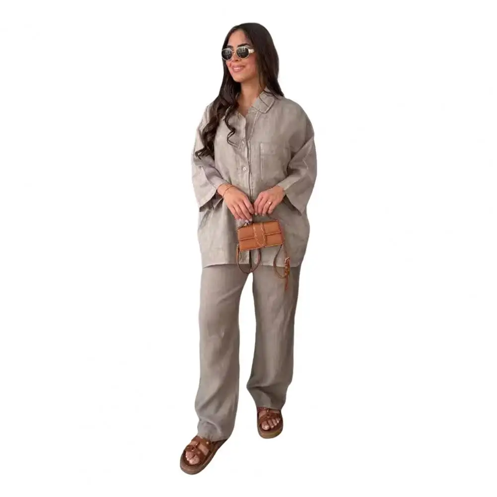 Women Summer Suit Women's Lapel V Neck Shirt Wide Leg Pants Set Solid Color Three Quarter Sleeve Top with Chest Pocket for Women