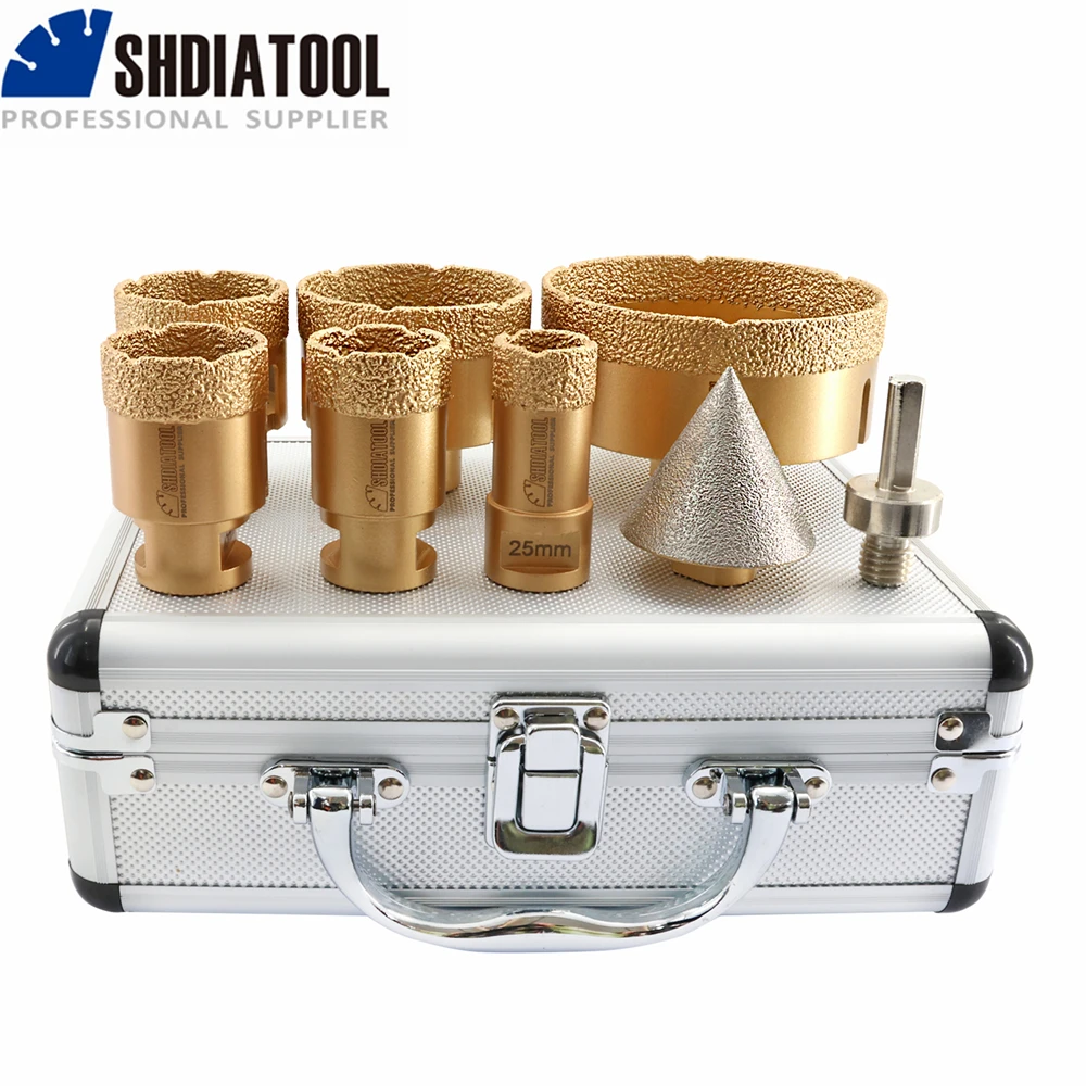 SHDIATOOL 1set/8pcs Diamond Core Drill Bits M14 Thread Set Chamfer Bit Porcelain Tile Granite Marble Ceramic Hole Saw Adapter