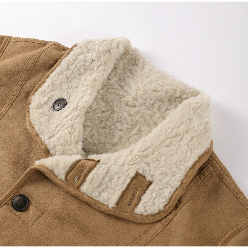 Wende-Lammfelljacke für Damen, Beige, Braun, zweiseitig, Stehkragen, Knopfverschluss, Taschenmantel, 2022, Herbst, Damen-Freizeitkleidung – Detail 6