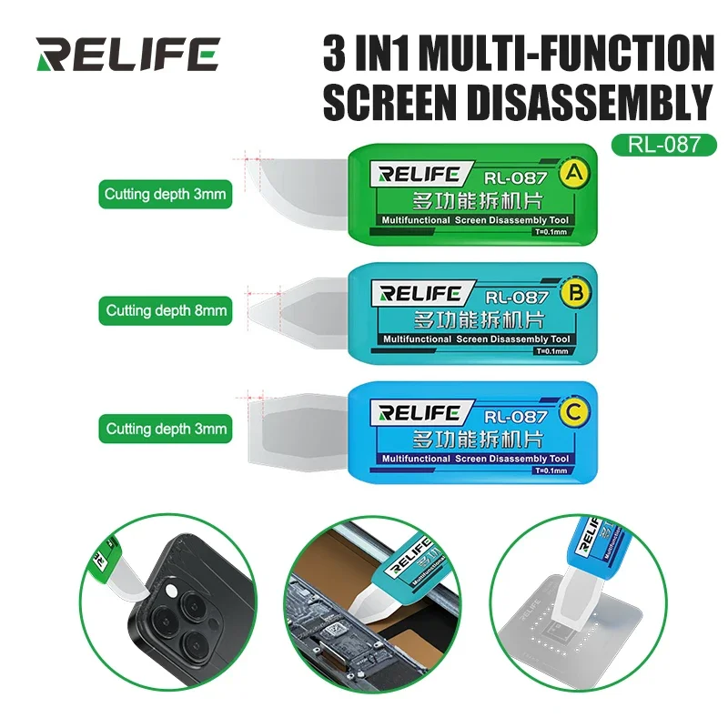 

RELIFE RL-087 3 in 1 Multifunctional Screen Disassembly Blade Tool Set for Mobile Phone Screen Curved Screen edge Repair tools