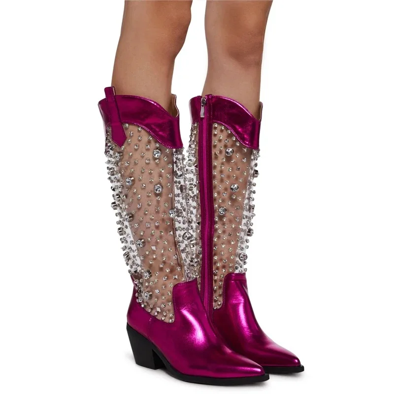 

Sexy Transparent PVC Bling Rhinestone Rivet Studs Knee High Boots Leather Patchwork Pointed Toe Tube Slip On Chunky Heels Botas