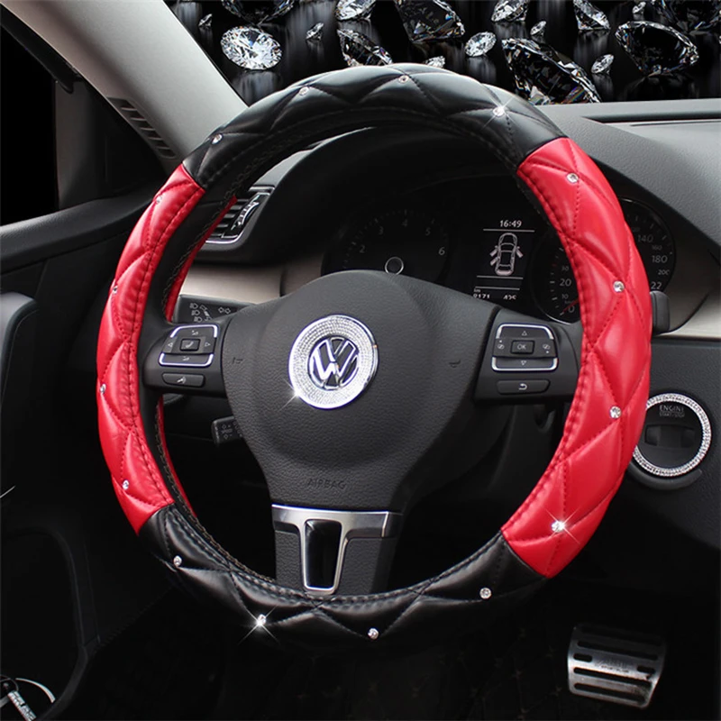 Coprivolante Auto In Pelle Con Strass Colorati - Elastico, Antiscivolo, Diametro 37-38 Cm - Nero - 5