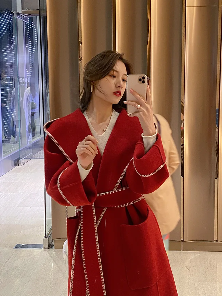 

Red Shell Lace Up Tie Double-Sided Long Woolen Jackets 2023 Autumn/Winter Loose Hooded Barthrobe Style Women 100% Wool Coats