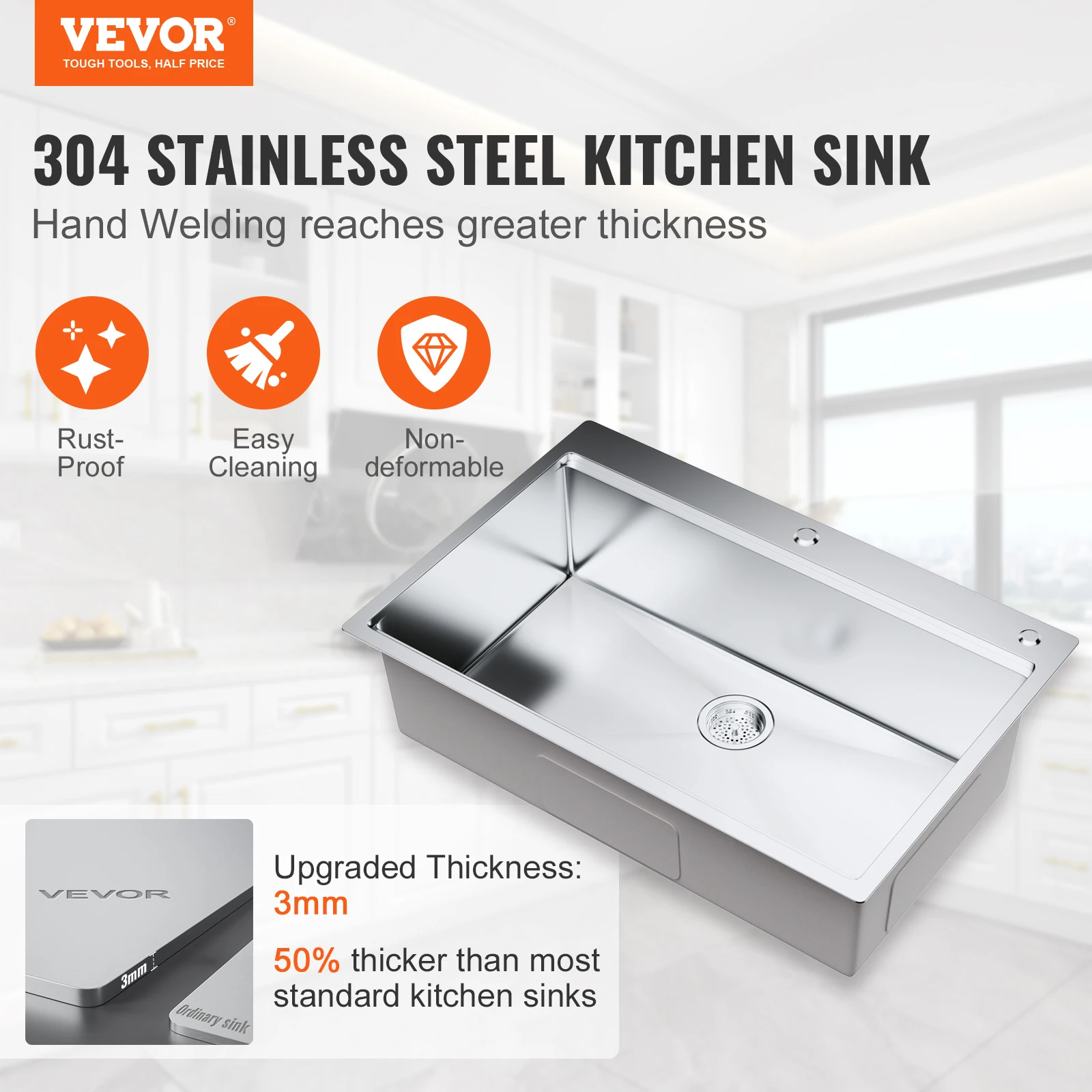 VEVOR Kitchen Sink 304 Stainless Steel Drop-In Sinks,Top Mount Single Bowl Basin  Household Dishwasher Sinks for RV Prep Kitchen 2