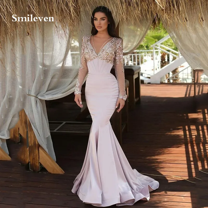 

Женское вечернее платье с юбкой годе, длинным рукавом и V-образным вырезом