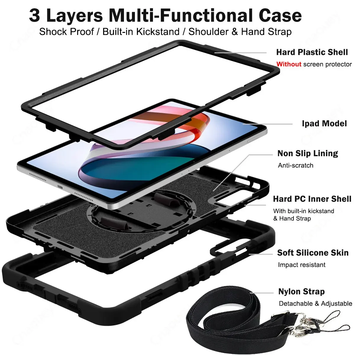 Heavy Duty Shockproof Tablet Case with Swivel Bracket, Handle, and Shoulder Strap