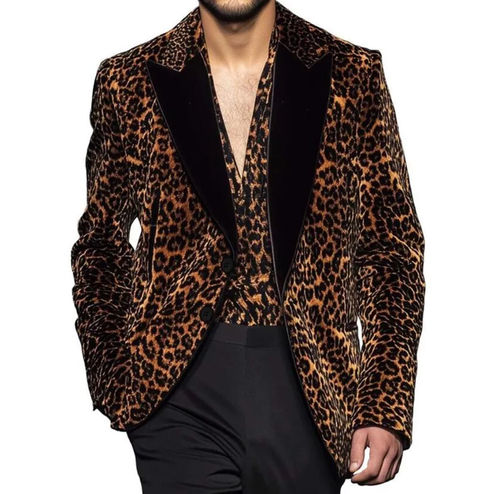 Men's Leopard Print Suits Black Peaked Lapel Prom Blazers Formal Party Man Dinner Chic Groom Wedding Tuxedos 3 Pcs