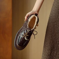 NEW Autumn/Winter Women Pumps Round Toe Chnuky Heel Shoes Genuine Leather Shoes for Women Lace-up Shoes Warm Plush Women Loafers