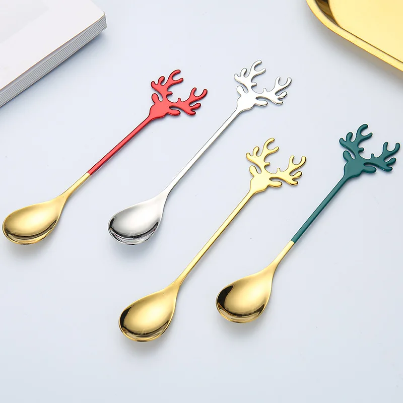 304 Stainless Steel Elk Coffee Spoon Ice Cream Dessert Teaspoon For Christmas Gifts Kitchen Accessories Tableware Decoration